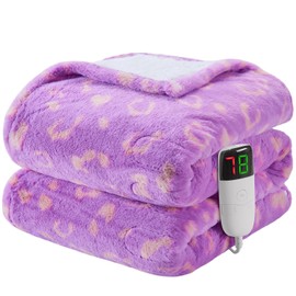 RUJIPO Leopard Print Heated Electric Blanket Full Size,72X84 Purple Heating Blanket with 10 Heats Levels & 8 Hours Auto Off,Cute Fleece Sherpa Blankets Warmer Gifts for Women Adults,Washable,ETL