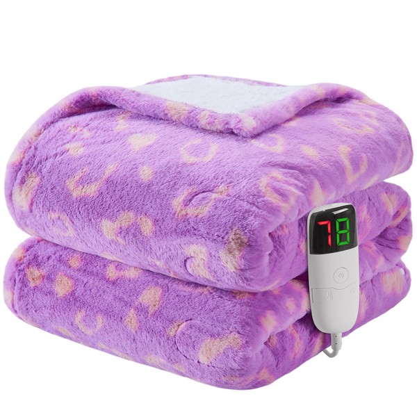 RUJIPO Leopard Print Heated Electric Blanket Full Size,72X84 Purple Heating