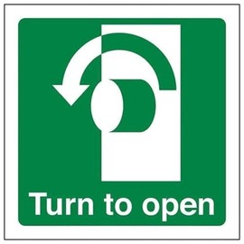 V Safety 22017AF-R Turn To Open (Anti-Clockwise) Sign - Square - 100mm x 100mm - 1mm Rigid Plastic, Green