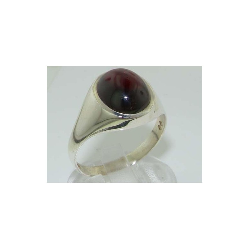 Solid Sterling Silver Ring, Natural Cabochon Garnet Mens Signet Ring