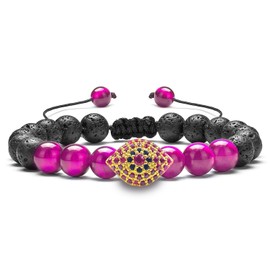 Auoy Dhof Tiger Eye Stone Bracelet Beaded Couple Bracelet for Women and Men Titanium Steel Chain Adjustable 8 mm (Red evil eye)