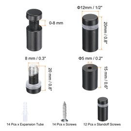 sourcing map 12 Pcs 1/2" x 4/5" Standoff Screws Stainless Steel Wall Mount Sign Mounting Hardware Kit with 14pcs Screws for Hanging Acrylic Glass Signs Advertising Boards, Black