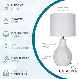 Catalina Lighting 24293-000 Ceramic Table Lamp for Office, Living Room, Dorm or Bedroom, Smart Home Compatible, Bulb Not Included, 18", White