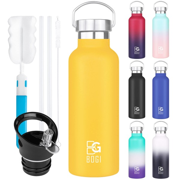 BOGI 600ml Double Wall Vacuum Insulated Stainless Steel Water Bottle-Scratch Resistance&Eco-Friendly for Outdoor Sports Yoga Camping,Straw Flip Cap+Cleaning Brush-1 Year Warranty(Yellow)