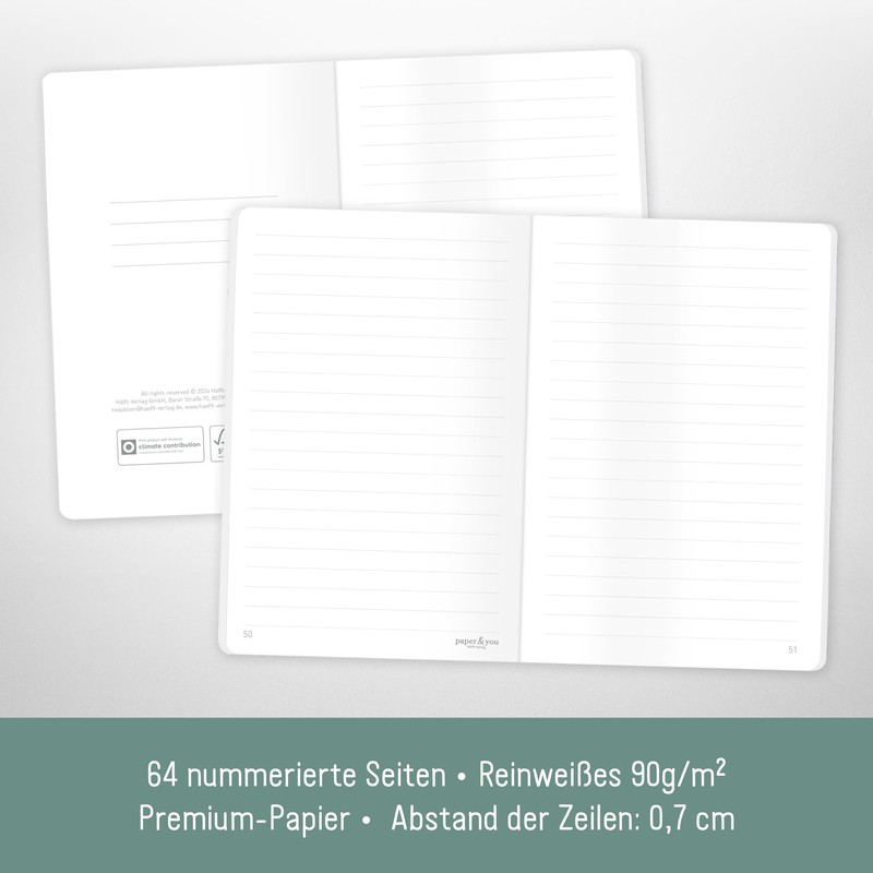 paper&you® Notebook A6+ Lined "Minty Leaves" with 64 Pages, Soft