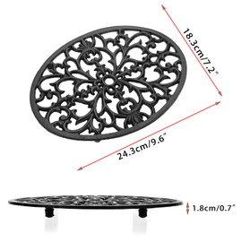 SUMTree Oval Cast Iron Trivet, Decorative Heavy Duty Hot Pot Holder Mat, Vintage Pattern Cast Iron Trivet with Rubber Pegs for Kitchen Dining Table