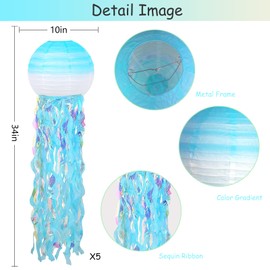 ADLKGG Hanging Jelly Fish Paper Lanterns, Gradient Colorful Blue Paper Lanterns for Mermaid Theme Party Under The Sea Ocean Birthday Decorations Baby Shower Baby Room, Set of 5