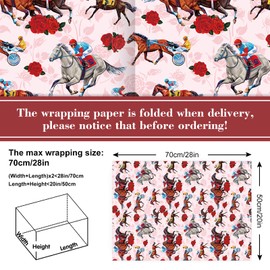 JarThenaAMCS 8 Sheet Horse Wrapping Paper -Not Roll- Red Pink Rose Horse Racing Gift Wrap Paper Folded Flat Spring Watercolor Craft Paper for Kentucky Derby Party DIY Crafts Supplies, 19.7 x 27.6 Inch