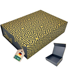 Meskl Luxury Gift Box with Magnetic Closure - Black with Gold Pattern, FSC Certified, Foldable Cardboard Gift Packaging - 30.2×21.3×7cm for Wedding, Birthday, Corporate Presents
