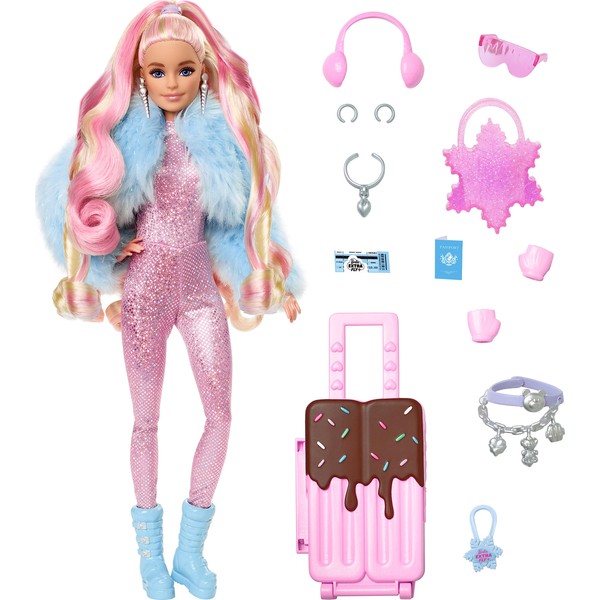 Travel Barbie Doll with Wintery Snow Fashion, Barbie Extra Fly, Sparkly Pink Jumpsuit and Faux-Fur Coat