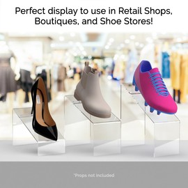 Marketing Holders 4 Pack Acrylic Slanted Shoe Display Stand Clear Premium Lucite 3 Pieces 5", 7", 9" High Footwear Showcase Riser with Heel Stop for Retail Shops and Clothing Stores