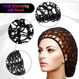 Giugu 3 piezas de malla para el pelo de rayón suave para dormir, redecilla de ganchillo para el pelo largo, redecilla para el pelo de ganchillo, cobertura de red para el pelo de las mujeres accesorios para el cabello (negro y dorado)