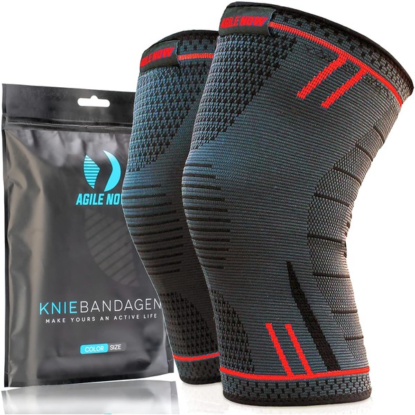 Agile now Knee Brace [Set of 2] [M - XL] Premium incl. Ultimate guide e-book the knee brace men's sports and knee brace for women., red, l