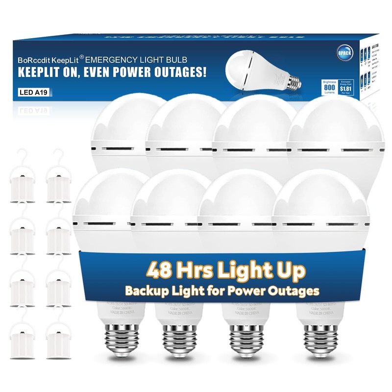 BoRccdit KeepLit 8 Pack Emergency Rechargeable Light Bulbs, 48H Long