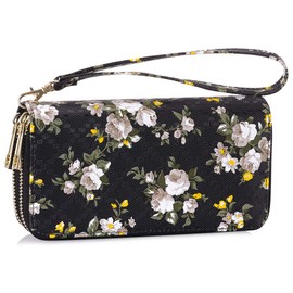 XEYOU Double Zipper Long Clutch Wallet Cellphone Wallet for Women with Removable Wristlet Strap for Credit Card, Cash, Coin, Bill, Small White Flower, Fasion