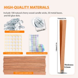 Ziosxin 100 Pcs Smokeless Cherry Wood Candle Wicks, Long Lasting Flame, Easily Burn, Candle Cores with Stand and Glue Dot, Warning Label for DIY Candle Making