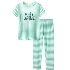Cozchique Summer Pajamas for Girls – Green Stripe & Glittering PJS Pal Cute Jammies Set Big Kids Size 6