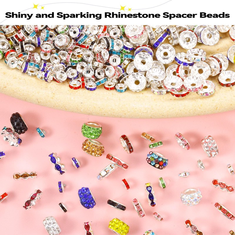 290PCS 6 Styles Rondelle Spacer Beads for Jewelry Making,6mm,8mm,10mm,11mm,12mm Rhinestone
