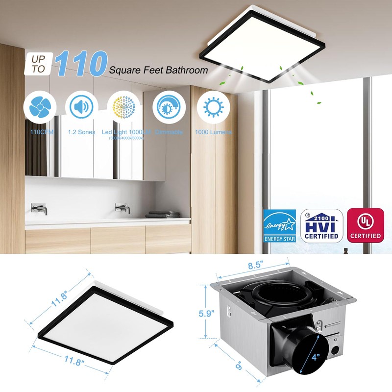 Tech Drive Bathroom Exhaust Fan with Light,110CFM,Super Quiet Bathroom Ventilation