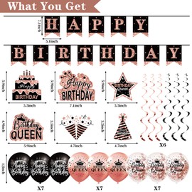 Birthday Decorations for Women, 33pcs Birthday Queen Crown and Sash, Black Rose Gold Happy Birthday Banner Balloons Backdrop Hanging Swirls Paper Fans Birthday Party Decorations Kit Gifts for Her