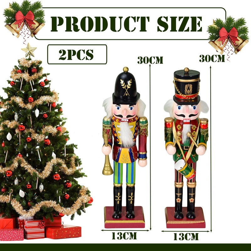 30cm Wooden Nutcracker Soldier Christmas Decorations,2pcs Large Christmas Nutcracker Figures