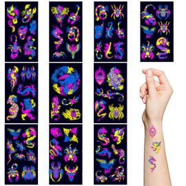 Neon Temporary Tattoo,10 Sheet Glow in the Dark UV Neon Body Face Skin Tattoo Flash Fake Dragon Insects Waterproof Tattoo Stickers for Men Boys Male Party Decorations Accessories