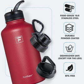 Fanhaw 64 oz Stainless Steel Insulated Water Bottle with 3 Lids (Straw, Spout and Carabiner Lid) - Half Gallon Sports Water Flask Jug (Red)