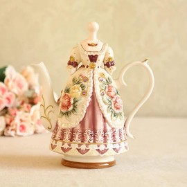 FORLONG Large Ceramic Teapot and Coffee Pot with Lid, 3D Embossed Victoria Pink Rose Flowers Decorative Teapot(Red）