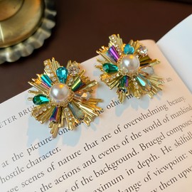 Medieval Vintage Flower Earrings for Women Gold Petals with Rhinestones Crystals and Imitation Pearls Unique Floral Jewelry Gifts for Her Elegant Statement Accessories