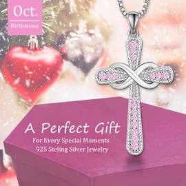 FULULAY Infinity Cross Necklace For Women,925 Sterling Silver With Created Sapphire/Ruby/Emerald/Amethyst/Garnet/Aquamarine/Cubic Zirconia/Crystal October Birthstone Pendant