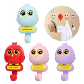 GUEDIEO Creative Adhesive Hooks，4Pcs Cute Wink Birdie Hooks for Hanging Towels, Hats,Coat,Cloth Bags, Belts, Key, for Wall Hanging Kawaii Cute Room Decor(Red+Pink+Purple+Baby Blue)