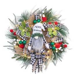 Vofuly prelit Christmas wreath for front door,22"Christmas gnome wreath,lighted farmhouse Winter wreath,santa wreath,buffalo plaid poinsettia decor,holiday wreath decoration with 30 LED light w/timer