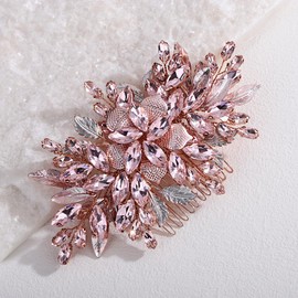 Xerling Handmade Wedding Pink Rhinestone Hair Comb Floral Bridal Headpiece Brides Flower Hair Piece Accessories Vintage Side Comb for Women (Pink)