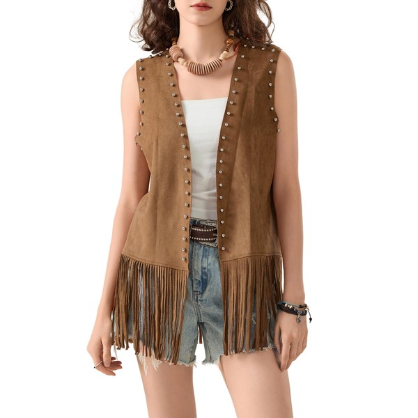 Yoisdtxc Women's Fringe Vest Cowgirls Sleeveless Tassel Jacket Western Faux