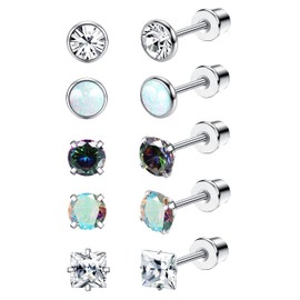 KALVICA Titanium Earrings for Women Men Hypoallergenic G23 Titanium Stud Earrings for Sensitive Ears Opal Cubic Zirconia Small Silver Screw Back Earrings 20G