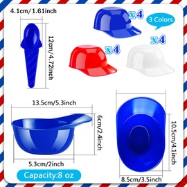 Pack of 12 Ice Cream Cups with Spoons, Baseball Helmet Plastic Dessert Glasses, Reusable Ice Cream Bowls for Children for Dessert, Yogurt, Snack, Ice Cream (3 Colours)