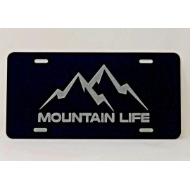 BLVD Mountain Life logo Car Tag Diamond Etched on Black Aluminum License Plate
