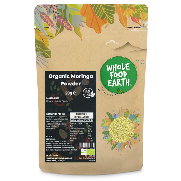 Whole Food Earth® - Organic Moringa Powder 50 g | GMO Free | Certified Organic