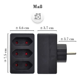 feletec 3-Way Socket Adaptor 3x Euro, Black, Multiple Plug, Multiple Socket