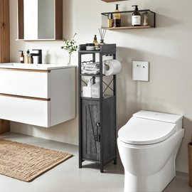 VECELO Small Bathroom Cabinet,Slim Toilet Paper Holder with Door&2 Shelves, Upgraded Narrow Storage Organizer for Restroom Bathroom Tiny Space,Metal Scroll Fenced Top Waterproof Coating,Gray