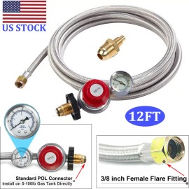 Unbranded BBQ 12FT High Pressure Adjustable Propane Gas Regulator w/Braided Hose Indicator