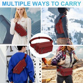 HNOOM Bum Bag for Men and Women Fashion Belt Bag with Rain Cover Large Neck Pouch Nylon Men's Sports Bag Outdoor Travel Hiking Running Jogging Dog Training, Deep Red-1, Leisure