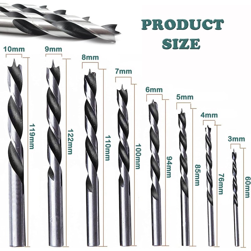 KEWAYO 8 Pcs Brad Point Drill Bits, 3-10mm Spur Point
