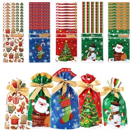 Christmas Candy Treat Bags,50 Pcs Goodies Plastic Drawstring Gift Bags,Christmas Wrapping Bags Xmas Treats Pouch Bags for Party Favor Supplies.