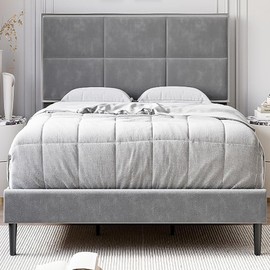AIKKYS Upholstered Platform Queen Bed Frame with Velvet Headboard - Wooden Slats Support, Non-Slip and Noise-Free, No Box Spring Required, Easy Assembly - Light Gray