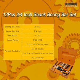 Kimllier 3 Inch Boring Head R8 Shank 12Pcs 3/4 Inch Shank Boring Bar Set Carbide Tipped Bars Lathe Tool