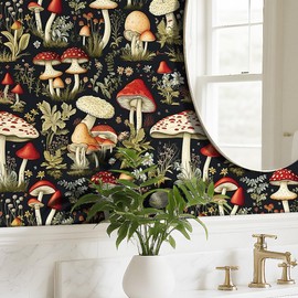 Livelynine Whimsical Mushroom Wallpaper Peel and Stick Red Black Sage Green Cream Dark Mushroom Botanical Wallpaper for Bathroom Colorful Boho Removable Decorative Contact Paper Kitchen 17.5x78.8"