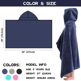 Hiturbo Kids Hooded Bath Towel: 100% Cotton Soft Thick Absorbent Towels Wrap - 50"x30" Shower Beach Pool Wearable Blanket for 3-12 Yrs Boys Girls - Navy