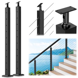 Gyykzz 2 Pack Aluminum Black Stair Cable Railing Post 36Inch, 33° Drilled Stair Wire Deck Post for 28-38 Degrees Stairway, AAMA2604 Coating Stair Handrail Post for Cable Railing System Outdoor Seaside