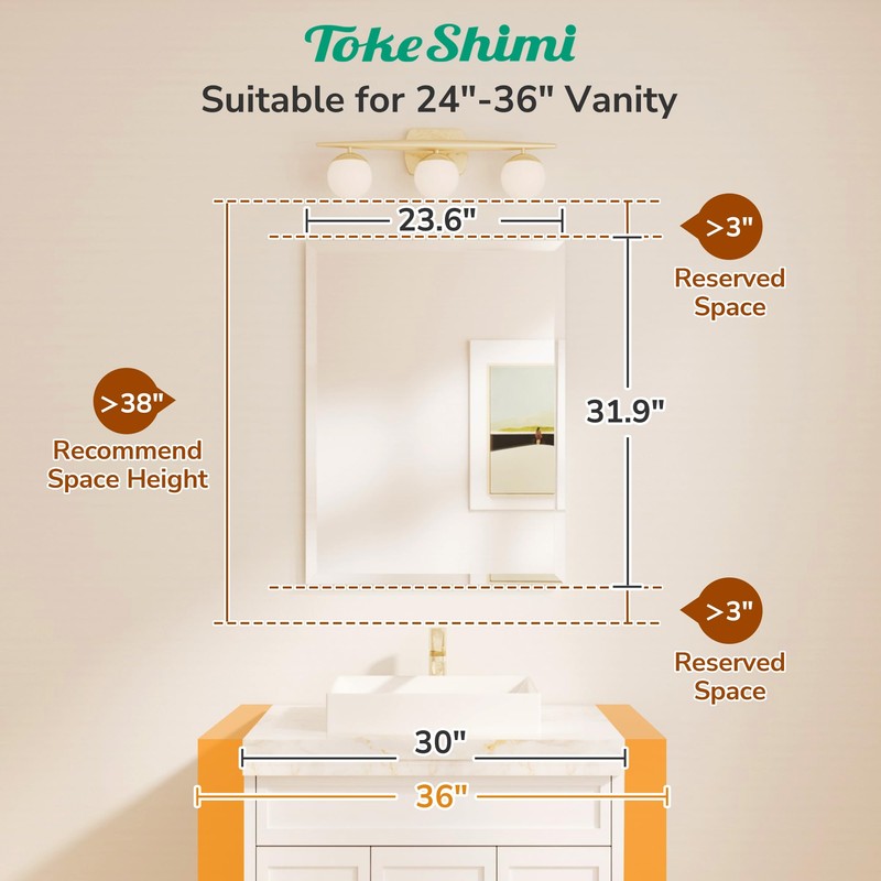 TokeShimi 24x32 Beveled Bathroom Mirror Frameless, Tempered Rectangle Bathroom Vanity